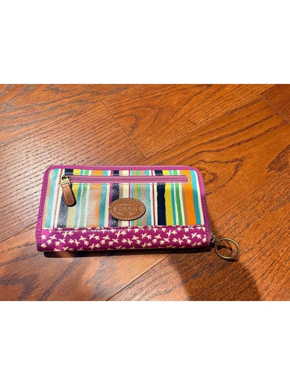 Vintage FOSSIL Key Per Coated Canvas w/Leather Trim Zip Around Wallet Colorful